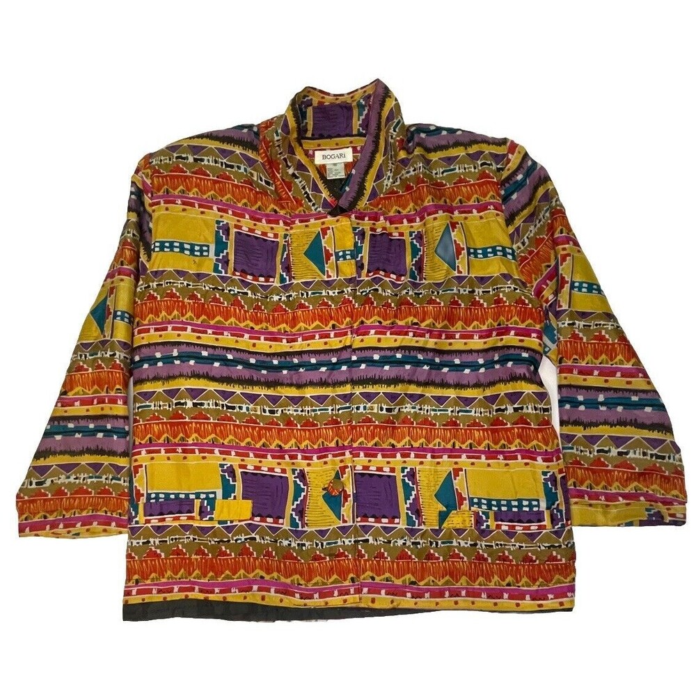 VTG Bogari Silk Shirt Jacket Vibrant Geometric Print 90s Shoulder Pads Women’s M